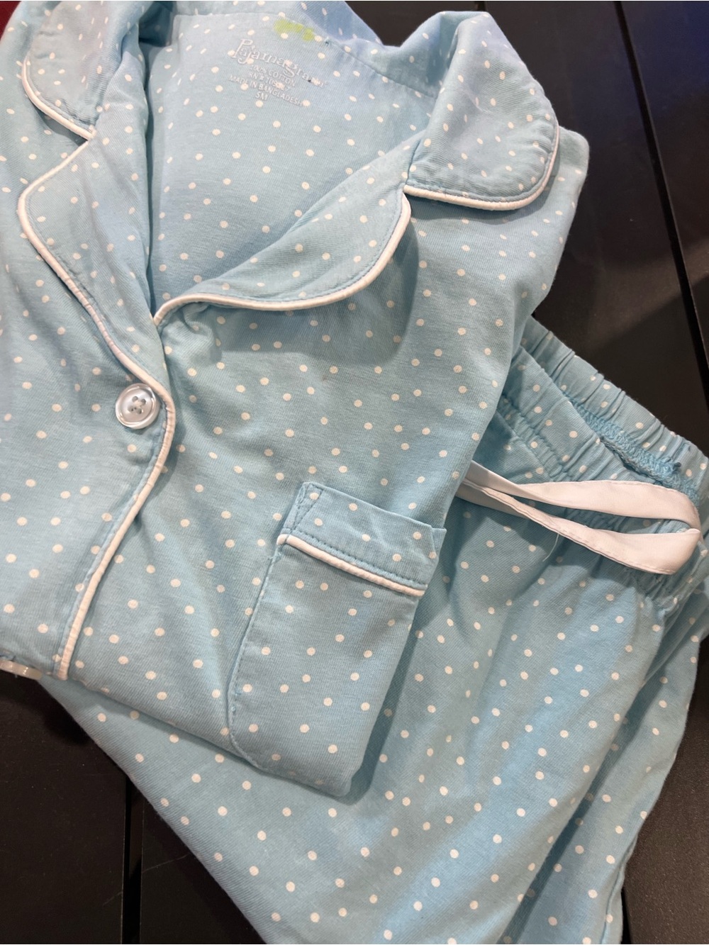 Women’s Light Blue Polka Dot Pajama Set with White Piping t S/M